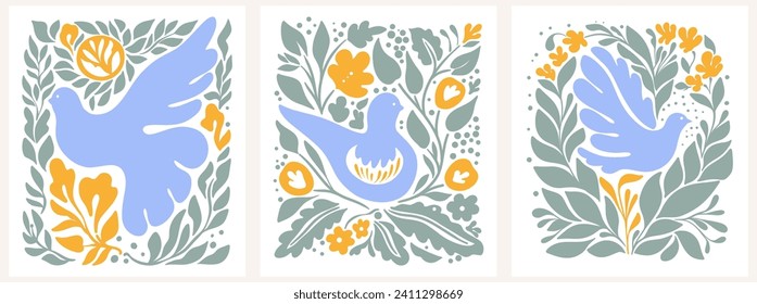 Abstract set drawn vector graphics, drawn illustration dove groovy Y2K background. Vector posters in trendy retro psychedelic 2000s style. Aesthetic hippie. Girly cute design.