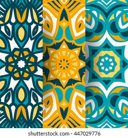 Abstract set of ethnic patterns. Bright, juicy mandala. Geometric pattern for fashion textile, cloth, texture. Vector ornament. Kaleidoscope big bud.  Islam, Arabic, Indian, ottoman motifs.