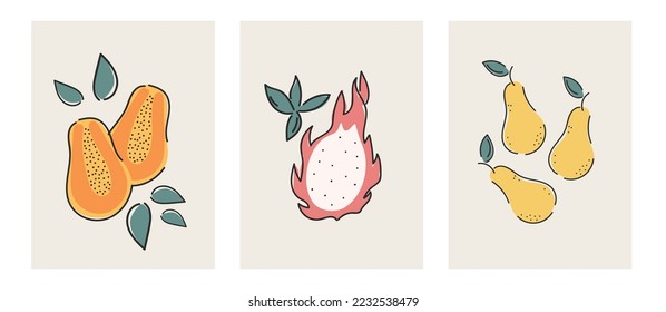 Abstract set of exotic fruits. Still life in pastel colors. Hand drawn vector illustration of papaya, dragon fruit, pear. Modern design for postcards, social networks, banners.