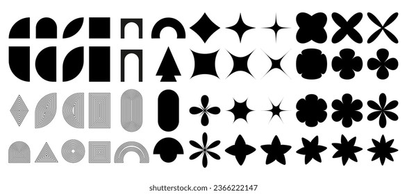 Abstract set features a variety of geometric shapes that combine elements of Brutalism, Bauhaus, Memphis and Y2K. These shapes can be used to create abstract compositions. Vector illustration