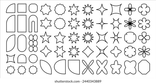Abstract set features a variety of geometric shapes that combine elements of Brutalism, Bauhaus, Memphis and Y2K. These shapes can be used to create abstract compositions. Vector illustration