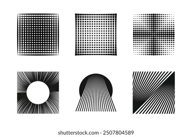 Abstract set featuring curved lines, circles, halftone patterns, geometric square and round, gradient effects, and pop art textures. Black and white line art.