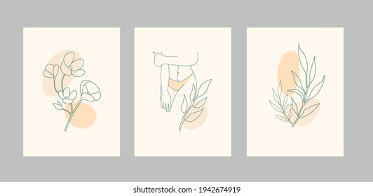 Abstract set with a feminine silhouette, floral elements. Vector illustrations, postcards, brochures in a minimalist style. Solid line. Beauty studio website design, history template, wall decoration.
