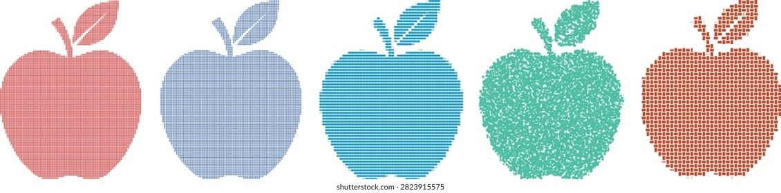 Abstract set of five apples in red, blue, cyan, teal, and brown, featuring unique textured patterns for each.