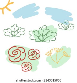 Abstract set of floral elements. Outline drawing by hand. silhouette lines. Lifestyle.