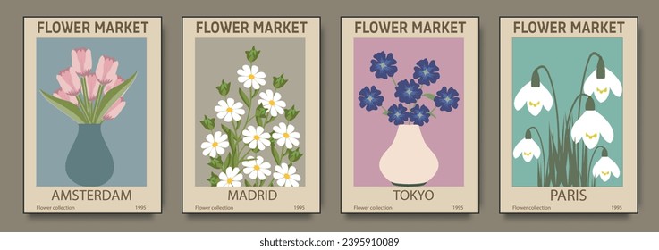 Abstract set  Flower Market posters. Trendy botanical wall arts with floral design in bright colors. Modern naive groovy funky interior decorations, paintings. Vector art illustration.