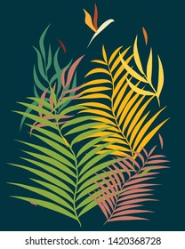 Abstract set in the form of a bouquet with tropical plants and a multi-colored bird in flight on a blue background. The colors of the set are easy to change.