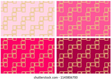 Abstract set of four seamless pattern textures of golden rectangular frames over dark and light Pink shades background template Vector illustration