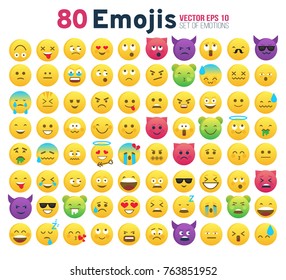 Abstract set of funny flat style emotions. 80 funny emoji. Vector eps 10