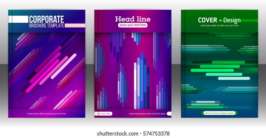 Abstract set of geometric background. Diagonal, vertical and horizontal colorful lines. Modern minimalism business brochure cover template. Flat design geometric elements. Vector illustration eps 10.