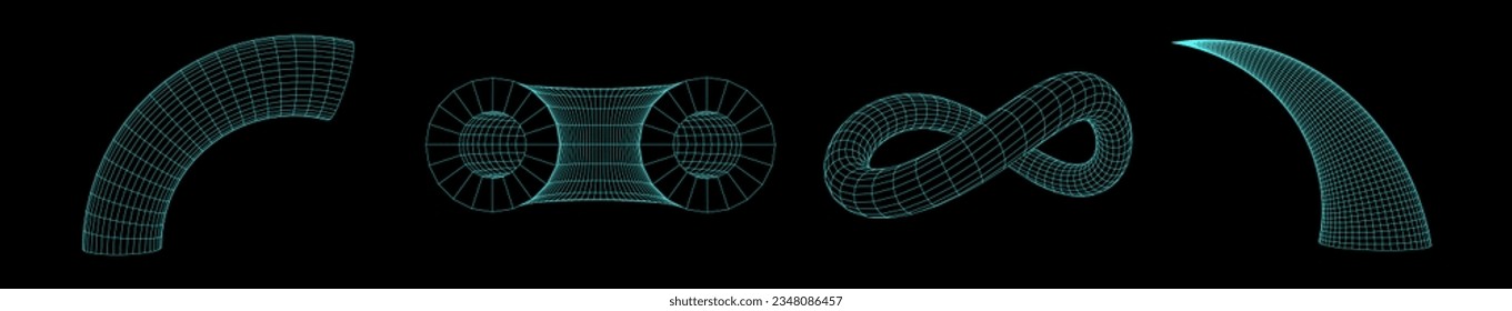 Abstract set geometric shapes with particles and lines. Psychedelic rave style. Futuristic vector glitch illustration. Global digital connections ai. 3D wireframe graphic geometric.