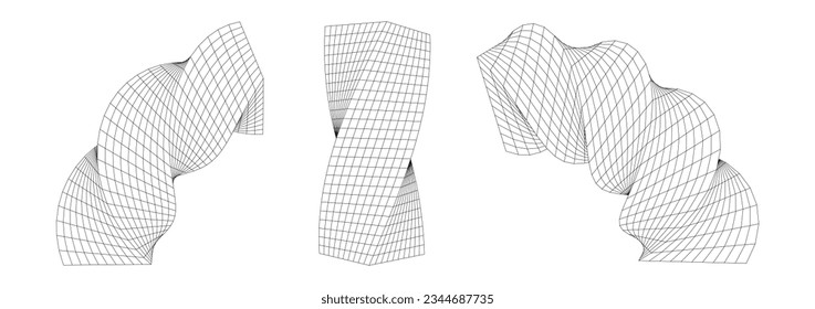 Abstract set geometric twist rectangle with particles and lines. Psychedelic rave style. Futuristic vector glitch illustration. Global digital connections ai. 3D wireframe graphic geometric.