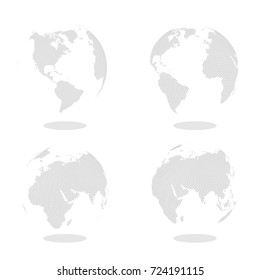 Abstract Set of Globes with Dotted Map. Black and White Halftone Effect Vector Illustration.