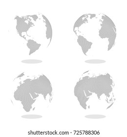 Abstract Set of Globes with Dotted Map. Black and White Halftone Effect Vector Illustration.
