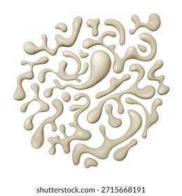 Abstract set of glossy beige liquid blobs and drops isolated on white. Creamy cosmetic foundation splashes. 3D fluid shapes pattern