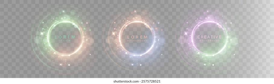 Abstract set of glowing circles in bright colorful colors, light effect around bright circles with bright glow on transparent background.	
