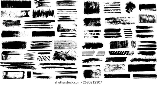 Abstrakter Satz von farbigen schwarzen Pinselstrichen, Verschiedene verschiedene zerkratzte schwarze Pinselstriche erstellen verschiedene Muster, schwarze Pinselstriche und farbige Textur von verschiedenen Pinseln.