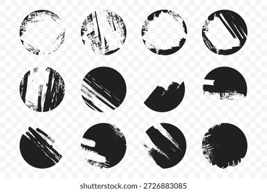 Abstract set of grunge circular shapes with rough brush textures and distressed edges. Black ink paint circles with scratch, stroke and worn effects. Artistic elements for your design.