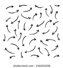 Abstract set of hand drawn arrows different direction and points. Isolated collection on a white background.  Thin paint object for use in your design. Vector doodle black arrows icons. Brush stroke.