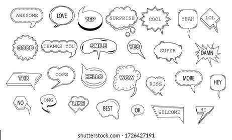 Abstract Set Hand Drawn Collection Doodle Elements For Wedding Valentine's Day Sticker Stamp Bubble Text Lettering Dialog Vector Design Style Illustration Sketch Style