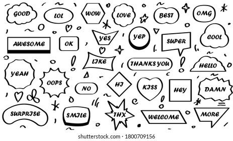 Abstract Set Hand Drawn Collection Doodle Elements For Wedding Valentine's Day Sticker Stamp Bubble Text Lettering Dialog Vector Design Style Illustration Sketch Style