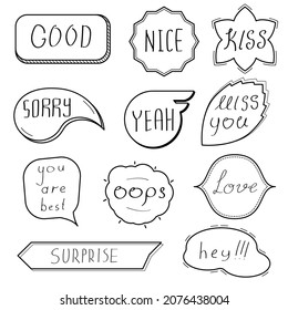 Resumen Set Hand Drawn Collection Doodle Elements for Wedding Valentine Day Sticker Sticker Bubble Text Lettering (Texto de la etiqueta del día de San Valentín) Diálogo Diseño Estilo de dibujo Ilustración Oops, Hey, Lo Siento, Bien, Sorpresa