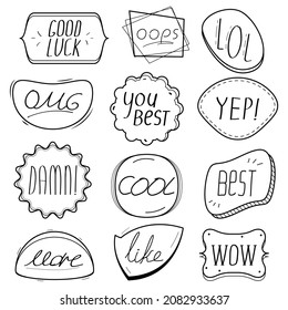 Resumen Set Hand Drawn Collection Doodle Elements for Wedding Valentine Day Sticker Sticker Bubble Text Lettering (Texto de la etiqueta del día de San Valentín) Diálogo Diseño Estilo de dibujo Ilustración Oops, Hey, Lo Siento, Bien, Sorpresa
