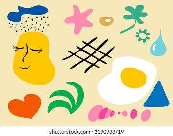 Abstract set of hand drawn various shapes and doodle objects on light yellow background. Colorful shapes.