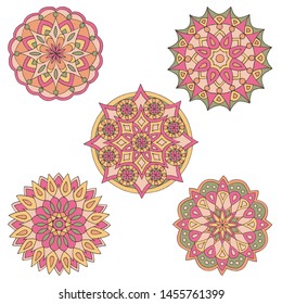 Abstract set of hand-drawn mandalas in beautiful colors on white background