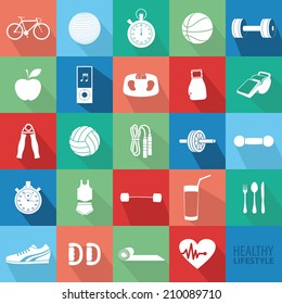 abstract set of healthy lifestyle objects on squares with different color