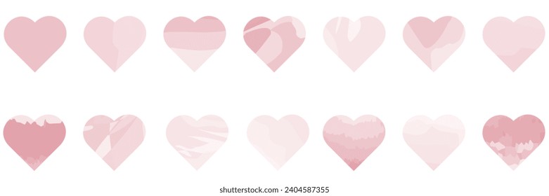Conjunto abstracto de formas cardiacas llenas de patrón acuarela. Símbolo de amor en colores pastel