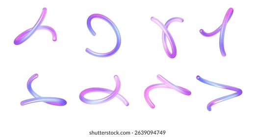 Abstract set of holographic curved elements. Vector decoration for digital portals, web design, and creative interfaces. Vector illustration.
