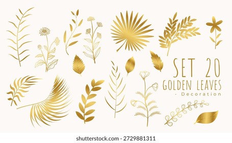 abstract set of isolated golden tropical leaves background 