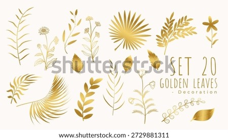 abstract set of isolated golden tropical leaves background 