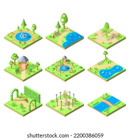 Abstract Set Isometric Collection 3D Green Park Pond With Benches Trees Flowers Vector Design Style Relax Travel Garden Nature Water