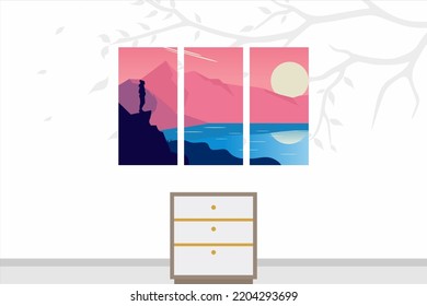 Abstract set landscape posters in flat style. Modern colorful hand drawn design background for social media, cover, wall decor, web design, interior