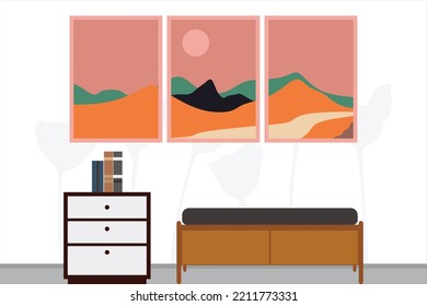 Resumen conjunto de afiches paisajísticos en estilo plano. Diseño moderno y colorido a mano para medios sociales, cubierta, decoración de paredes, diseño web, interior