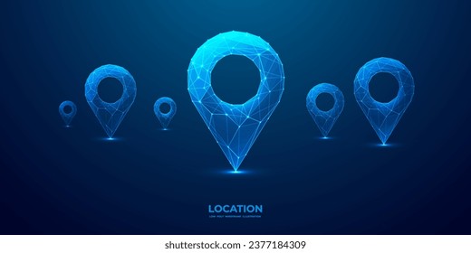 Abstract set of location map pins. GPS digital concept. Technology low poly pin in futuristic hologram style on dark background. Monochrome blue vector illustration with light-connected dots and lines