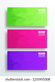 Abstract . Set of low poly background. Polygonal triangle geometric background. green, pink , purple colors .for  layout, brochure,page, poster. Vector, illustration.
