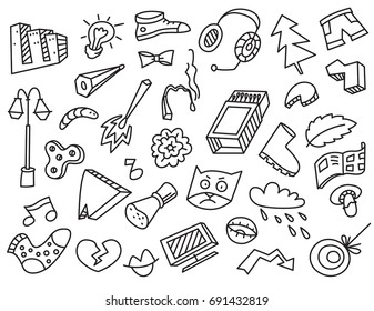 Abstract set with many items. Collection with different objects. Vector illustration in doodle style