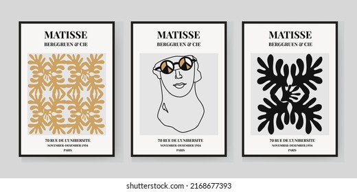 Abstract set of Matisse posters depicting David with glasses and abstract geometric shapes. Aesthetic Contemporary Art, Illustration, Vector, Poster, Postcard.