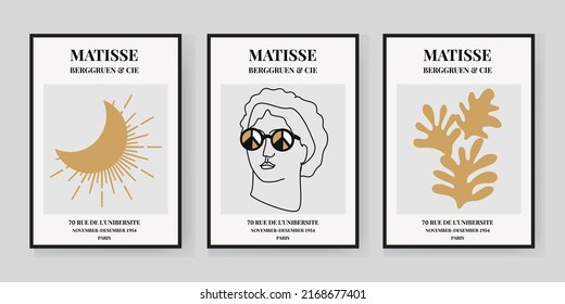 An Abstract Set Of Matisse Posters Depicting David With Glasses, The Moon, And Abstract Geometric Shapes. Aesthetic Contemporary Art, Illustration, Vector, Poster, Postcard.