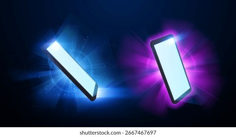 Conjunto abstrato com telefones celulares com telas em branco branco brilhantes no fundo de raios azuis e rosa com realces e partículas. Vista lateral. Apresentação do jogo. Tecnologia. Vetor realista. Mockup.