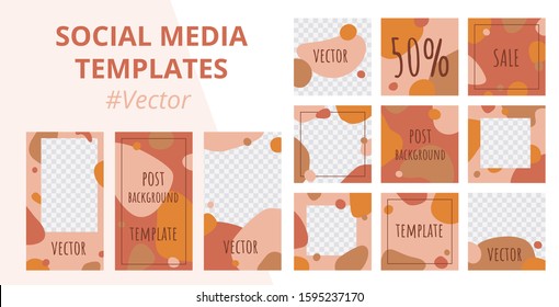 Abstract set of modern editable template for social networks stories and posts. Trendy social media pack in scandinavian style. Mockup for advertising with organic shapes. Vector illustration