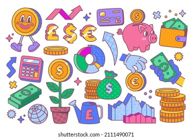 Abstract set of money. Retro stickers with coins, piggy bank, banknotes, currency, credit card, profit and wallet. Design for printing. Cartoon flat vector collection isolated on white background