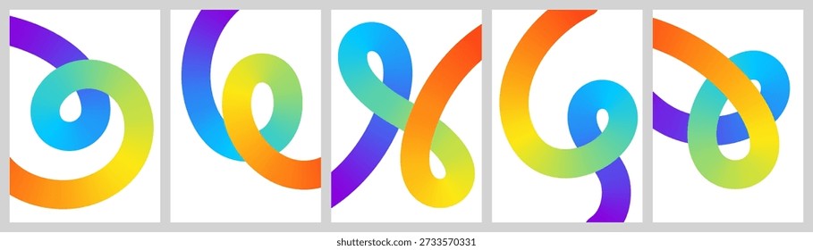 Abstract set of multicolored 3D fluid gradient curves on white background