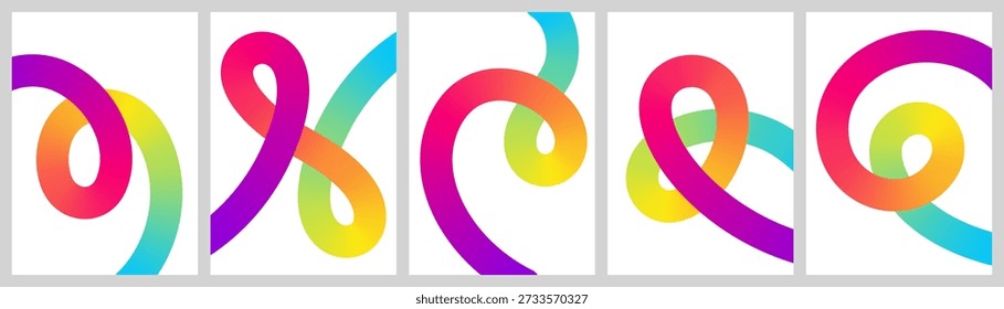 Abstract set of multicolored fluid 3D curves on white background