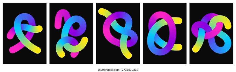 Abstract set of multicolored fluid 3D gradient curves on black background