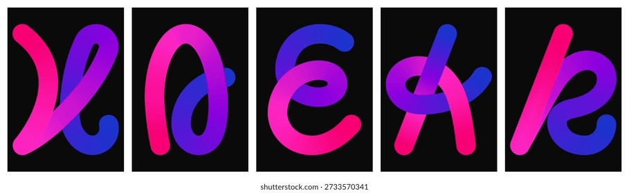 Abstract set of multicolored fluid 3D gradient curves on black background