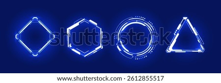 Abstract set of neon light blue portals or HUD futuristic tech frames on a dark background. Geometric forms of glowing AI portals. Game design or interface elements. Digital vector illustration.